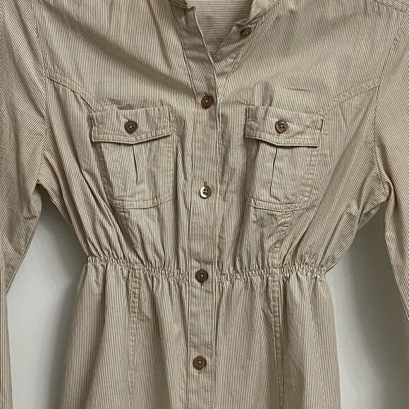 VTG NWOT Zara Button Front Elastic Waist Shirt Size S Tan Stripes Long Sleeves - Picture 4 of 11